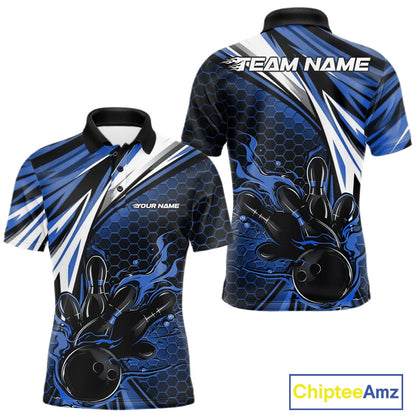 Custom Blue Flame Bowling Jerseys For Men, Hexagon Bowling Team Tournament Shirt IPHW10557