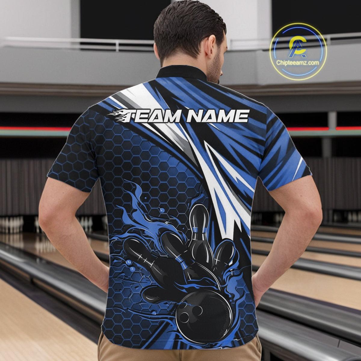 Custom Blue Flame Bowling Jerseys For Men, Hexagon Bowling Team Tournament Shirt IPHW10557