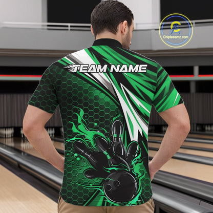 Custom Green Flame Bowling Jerseys For Men, Hexagon Bowling Team Tournament Shirt IPHW10558