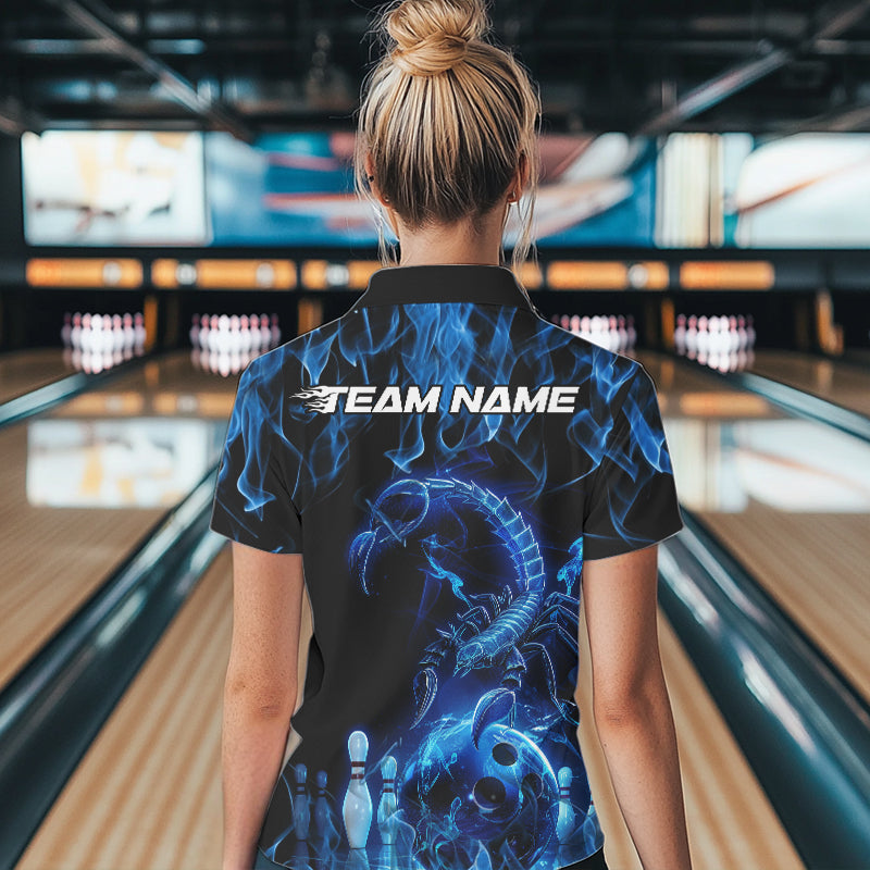 Custom Black Blue Flame Scorpio Zodiac Bowling Women Polo Shirts, Scorpion Bowler Outfit IPHW8972