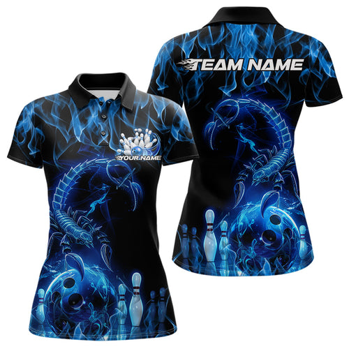 Custom Black Blue Flame Scorpio Zodiac Bowling Women Polo Shirts, Scorpion Bowler Outfit IPHW8972
