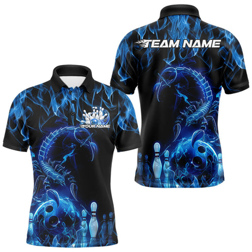 Custom Black And Blue Flame Scorpio Zodiac Bowling Men Polo Shirts, Scorpion Bowler Outfit IPHW8972