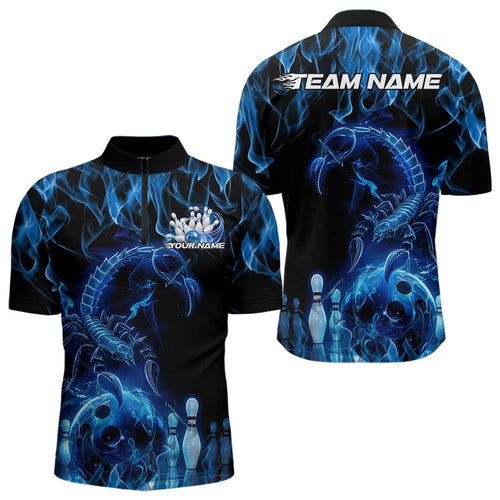 Custom Black And Blue Flame Scorpio Zodiac Bowling Men Quarter-Zip Shirts, Scorpion Bowler Outfit IPHW8972