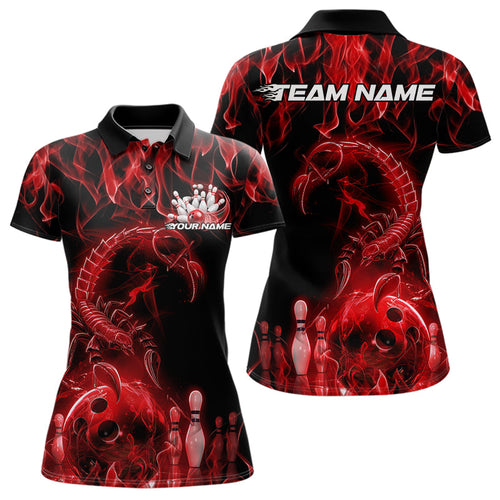 Custom Black Red Flame Scorpio Zodiac Bowling Women Polo Shirts, Scorpion Bowler Outfit IPHW8973