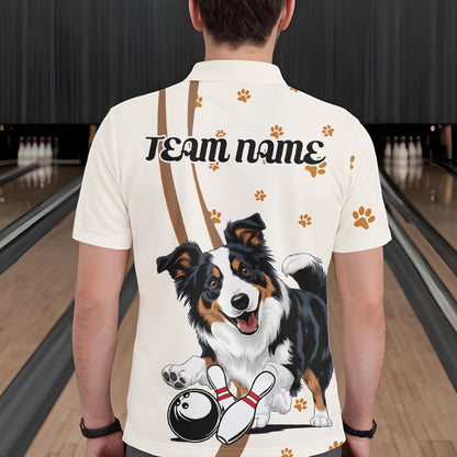 Custom Funny Border Collie Dog Bowling Men Polo Shirts, Dog Paw Print Bowler Outfit IPHW8974