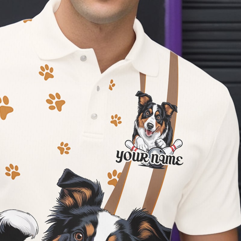 Custom Funny Border Collie Dog Bowling Men Polo Shirts, Dog Paw Print Bowler Outfit IPHW8974