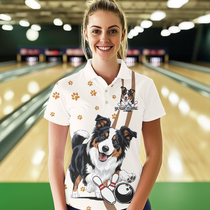 Custom Funny Border Collie Dog Bowling Women Polo Shirts, Dog Paw Print Bowler Outfit IPHW8974