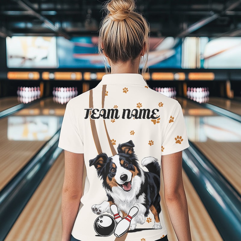 Custom Funny Border Collie Dog Bowling Women Polo Shirts, Dog Paw Print Bowler Outfit IPHW8974