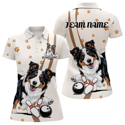 Custom Funny Border Collie Dog Bowling Women Polo Shirts, Dog Paw Print Bowler Outfit IPHW8974