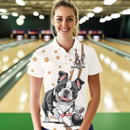 Custom Funny French Bulldog Bowling Women Polo Shirts, Dog Paw Print Bowler Outfit IPHW8975