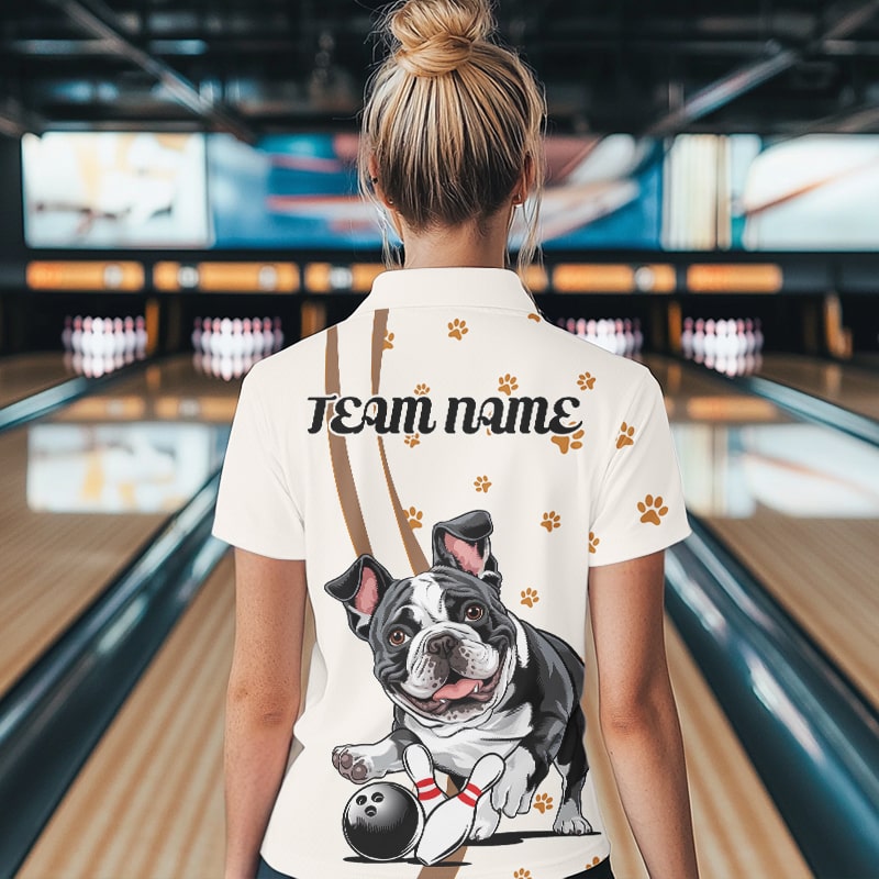 Custom Funny French Bulldog Bowling Women Polo Shirts, Dog Paw Print Bowler Outfit IPHW8975
