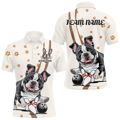 Custom Funny French Bulldog Bowling Men Polo Shirts, Dog Paw Print Bowler Outfit IPHW8975