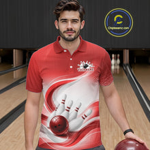 Load image into Gallery viewer, Male model in a bowling alley wearing a white and red bowling polo shirt with fluid wave accents and a bowling strike graphic