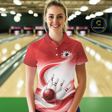 Load image into Gallery viewer, Female model wearing a white and red bowling polo shirt with graceful wave patterns and a bowling strike graphic inside a bowling center