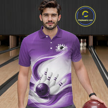 Load image into Gallery viewer, Male model wearing a white and purple bowling polo shirt with flowing linework and a bowling ball knocking down pins at the bowling lane