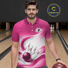 Load image into Gallery viewer, White and pink bowling polo shirt on a male model, highlighting flowing linework and a bowling-inspired graphic at the bowling lane