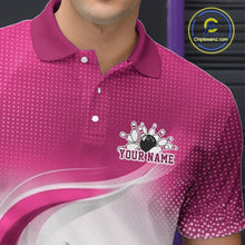Load image into Gallery viewer, Close-up chest detail of a white and pink bowling polo shirt with sweeping linework and bowling-inspired artwork