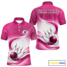 Load image into Gallery viewer, Front and back view of a mens white and pink bowling polo shirt mockup with sweeping wave accents and bowling-inspired graphics