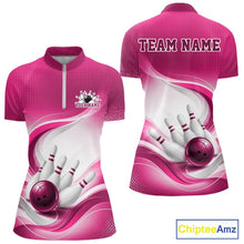 Load image into Gallery viewer, Front and back view of a womens white and pink bowling quarter-zip shirt featuring abstract wave graphics and bowling action artwork