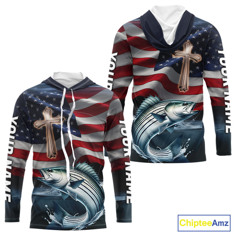 Custom American Flag Cross Faith Striped Bass Long Sleeve Hooded Tournament Fishing Shirt IPHW9202