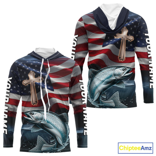 Custom American Flag Cross Faith Chinook King Salmon Long Sleeve Hooded Tournament Fishing Shirt IPHW9203