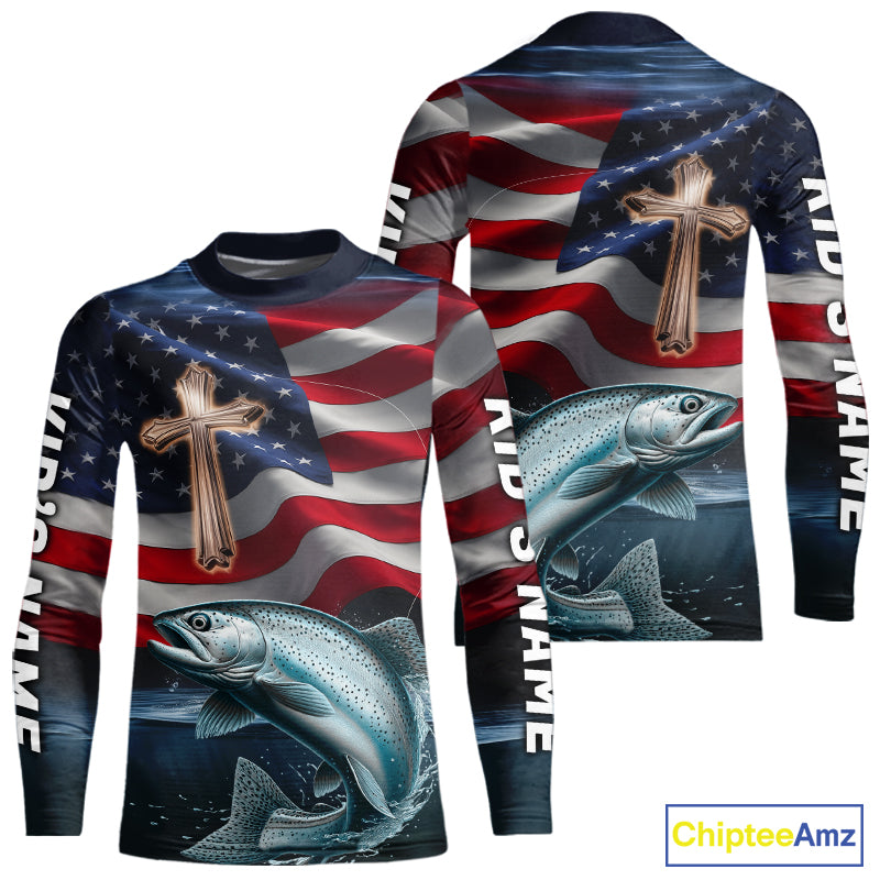 Custom American Flag Cross Faith Chinook King Salmon Kid Long Sleeve Tournament Fishing Shirt IPHW9203