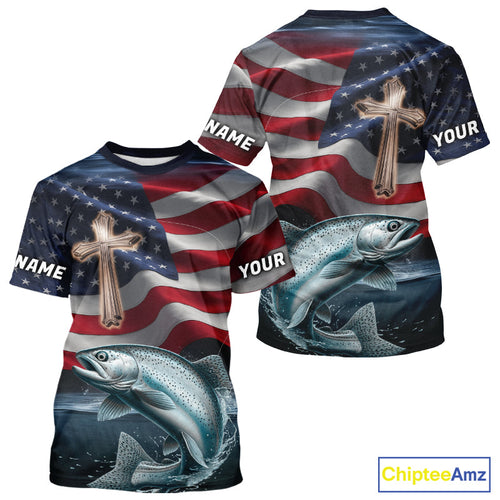 Custom American Flag Cross Faith Chinook King Salmon Tournament Fishing T-Shirt IPHW9203