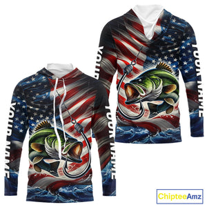 Custom Patriotic Largemouth Bass Long Sleeve Hooded Fishing Shirts, US Flag Fish Hook Bass Jerseys IPHW9207