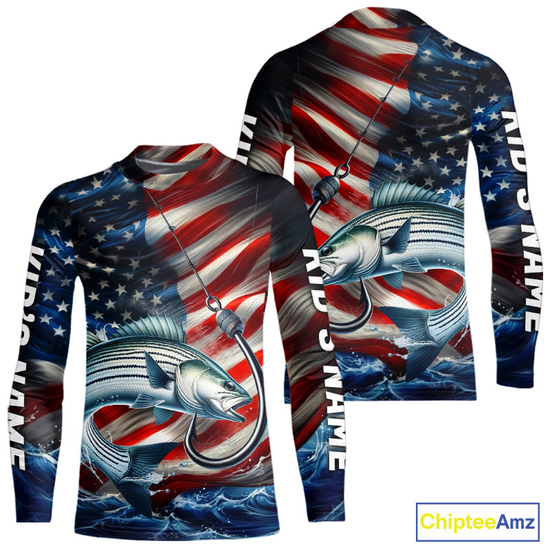 Custom Patriotic Striped Bass Kid Long Sleeve Fishing Shirts, US Flag Fish Hook Striper Jerseys IPHW9209