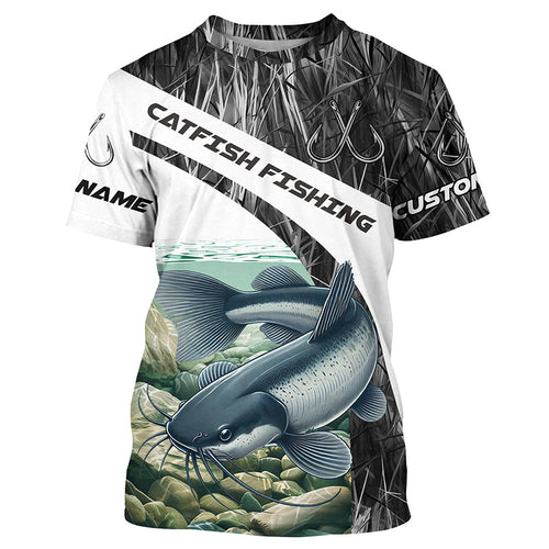 Gray Camo Custom Catfish Fishing Long Sleeve Fishing Shirts, Catfish Fishing Jerseys IPHW7016