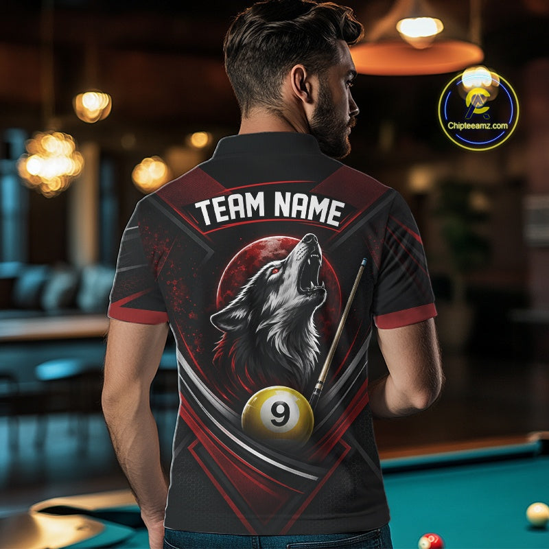 Custom Black And Red Wolf 9 Ball Billiards Men Polo Shirt, Billiards Team Jersey IPHW11672