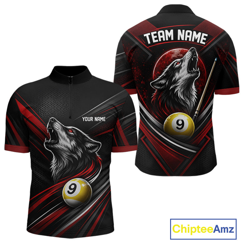 Custom Black And Red Wolf 9 Ball Billiards Men Quarter Zip Shirt, Billiards Team Jersey IPHW11672
