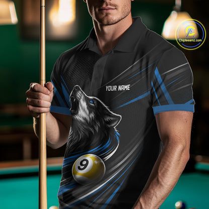 Custom Black And Blue Wolf 9 Ball Billiards Men Polo Shirt, Billiards Team Jersey IPHW11673