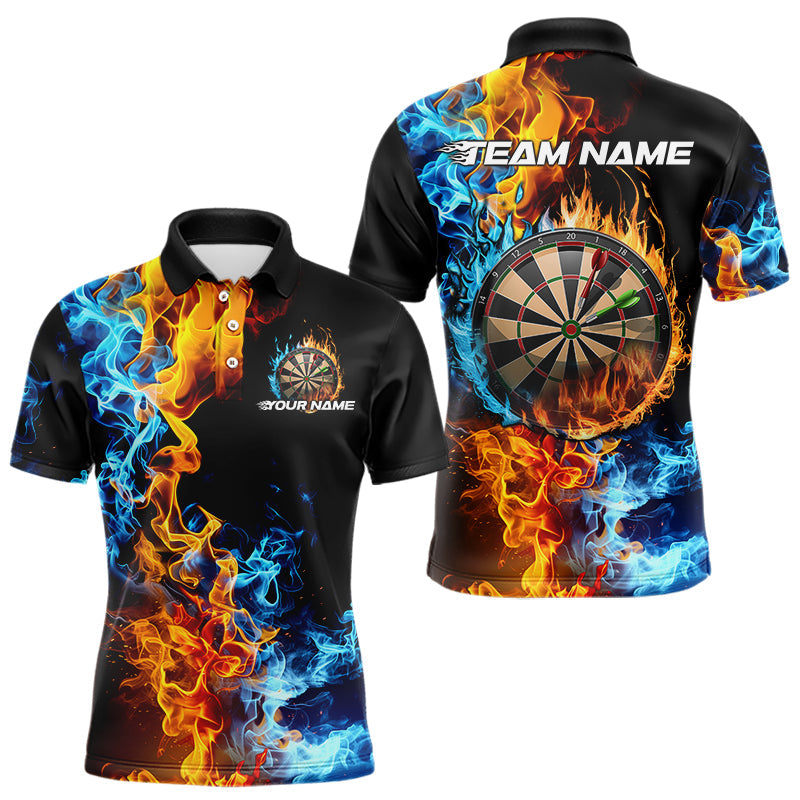 Custom Blue And Orange Flame Dart Polo Shirts For Men, Fire Dart Jerseys Dart Team Shirt IPHW8492