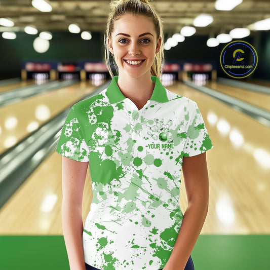Custom Green Splatter Bowling Team League Shirts For Women, Bowling Jerseys Bowler Outfit IPHW10594