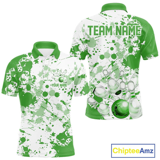 Custom Green Splatter Bowling Team League Shirts For Men, Bowling Jerseys Bowler Outfit IPHW10594