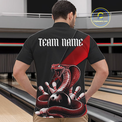 Front view of a black mens bowling quarter-zip showcasing a red cobra, bowling ball, and scattered pin motif.