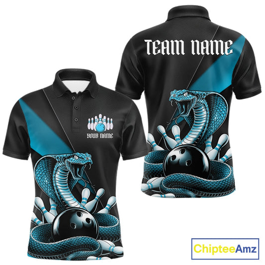 Front and back black mens bowling polo featuring a blue cobra coiled around a bowling ball with scattered bowling pins.