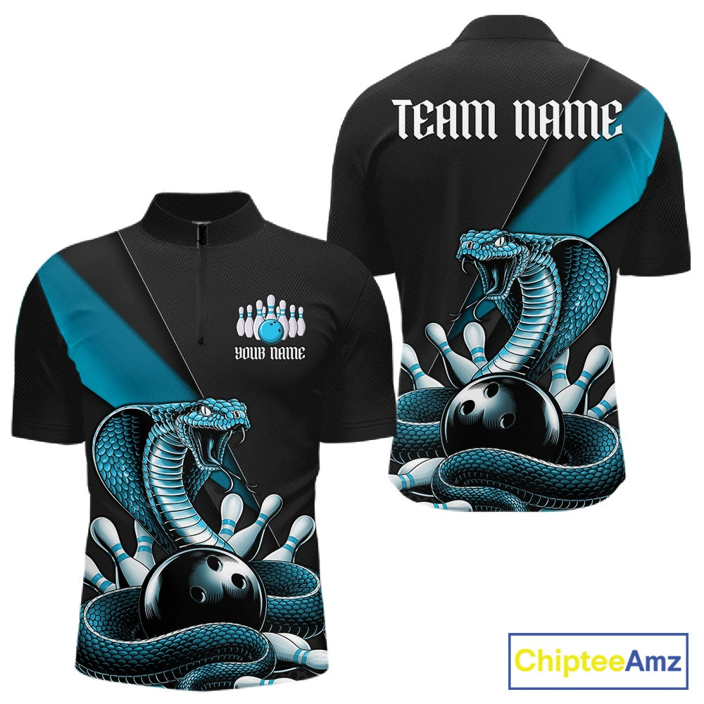 Front and back black mens bowling quarter-zip featuring a blue cobra coiled around a bowling ball and scattered pins.