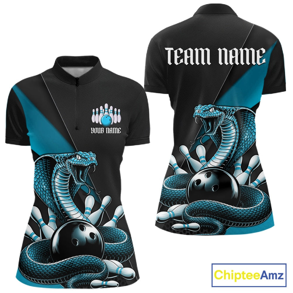 Front and back womens black bowling quarter-zip featuring a blue cobra wrapped around a bowling ball with scattered bowling pins.