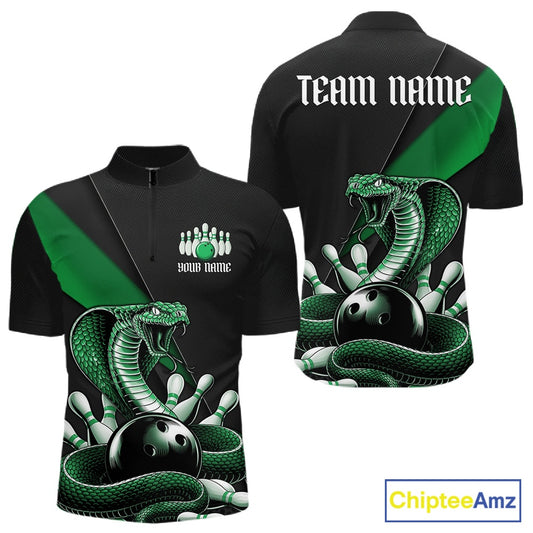 Front and back black mens bowling quarter-zip featuring a green cobra coiled around a bowling ball with scattered pins.
