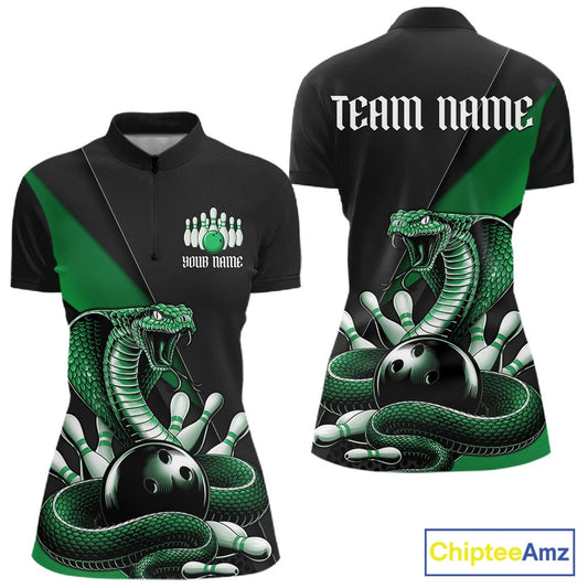 Front and back womens black bowling quarter-zip featuring a green cobra coiled around a bowling ball with scattered pins.
