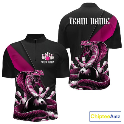 Front and back black mens bowling quarter-zip featuring a pink cobra coiled around a bowling ball and scattered pins.