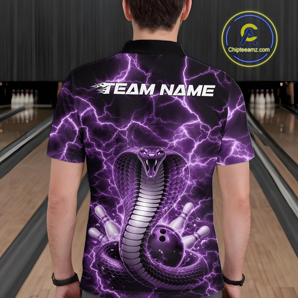 Back view of a mens bowling polo showcasing a purple cobra and bowling ball design with electrifying lightning accents.
