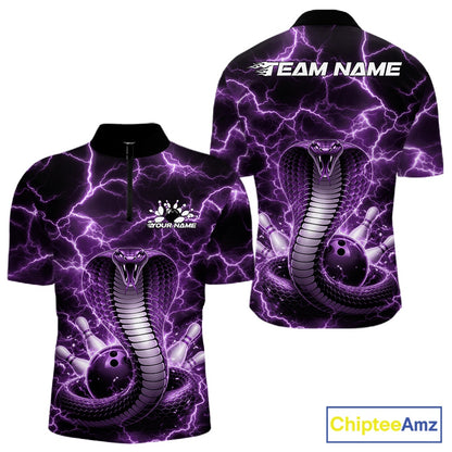 Front and back mens bowling quarter-zip featuring a purple cobra coiled around a bowling ball with lightning background artwork.
