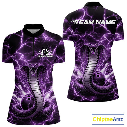 Front and back womens bowling quarter-zip featuring a purple cobra coiled around a bowling ball with dramatic lightning background artwork.