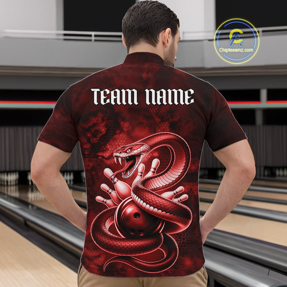 Front view of a mens bowling quarter-zip displaying a red cobra wrapped around a bowling ball with scattered pins.