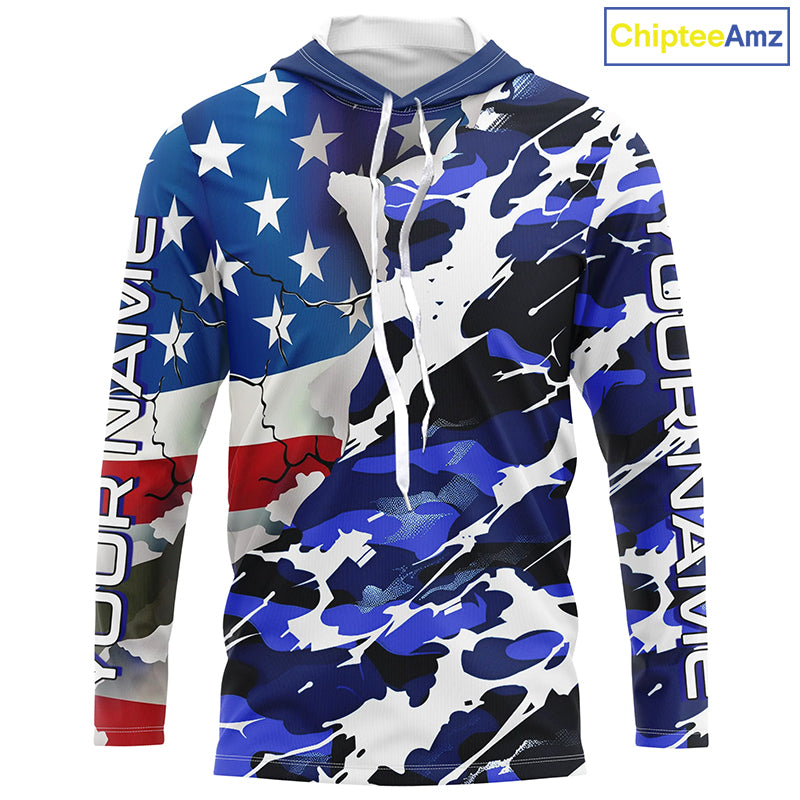 Custom American Flag Blue Camo Long Sleeve Shirts, Patriotic Performance Fishing Shirts IPHW6535