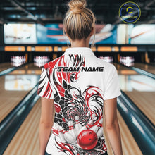 Load image into Gallery viewer, White bowling polo shirt shown from the back on a female model, showcasing red and black tribal motifs and bowling-themed artwork