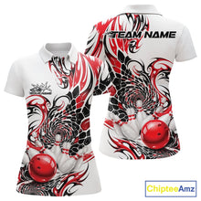 Load image into Gallery viewer, Womens white bowling polo shirt mockup displayed from front and back with red and black tribal artwork and a red bowling action scene